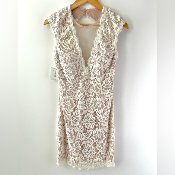 BETSY & ADAM | Sheath White Floral Lace Illusion Mini Dress Embellished Size 8 - Picture 4 of 12